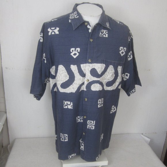 Common Man Dale Waters Men Hawaiian camp shirt p2p 25 L tribal cotton blue vtg - Picture 3 of 8